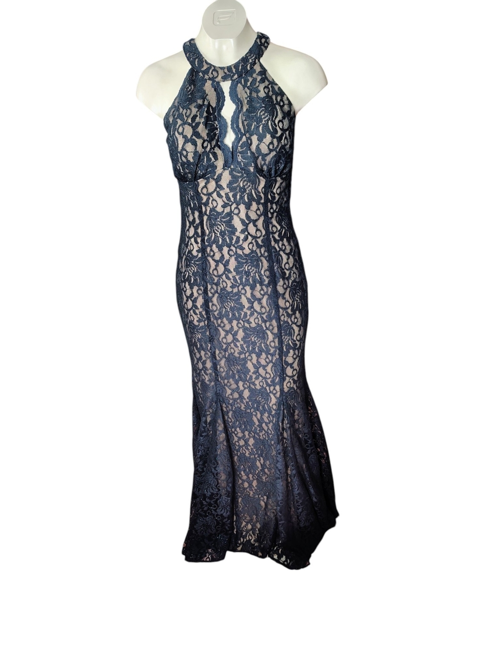 Nightway Black Lace Halter Maxi Dress with Keyhole Front EUC Size 8 - Picture 2 of 6